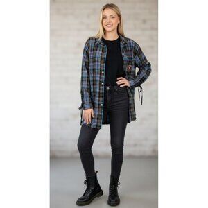 Savage X Fenty Tartan Plaid Flannel Lace Sleeve Button Up Shirt Womens Sz Large